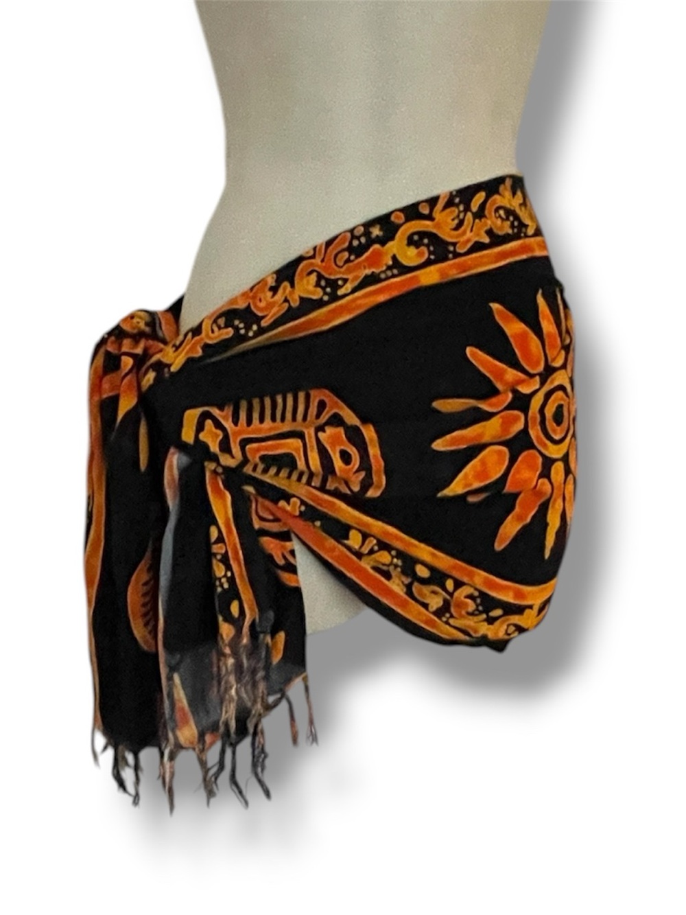 Vintage Black Wrap Scarf with Orange Sun & Medallion Print Fringes Medium